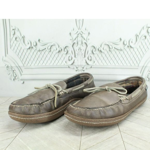LL Bean Brown Leather Flannel Lined Handsewn Moccasin Slippers Size 11 M - Picture 2 of 9
